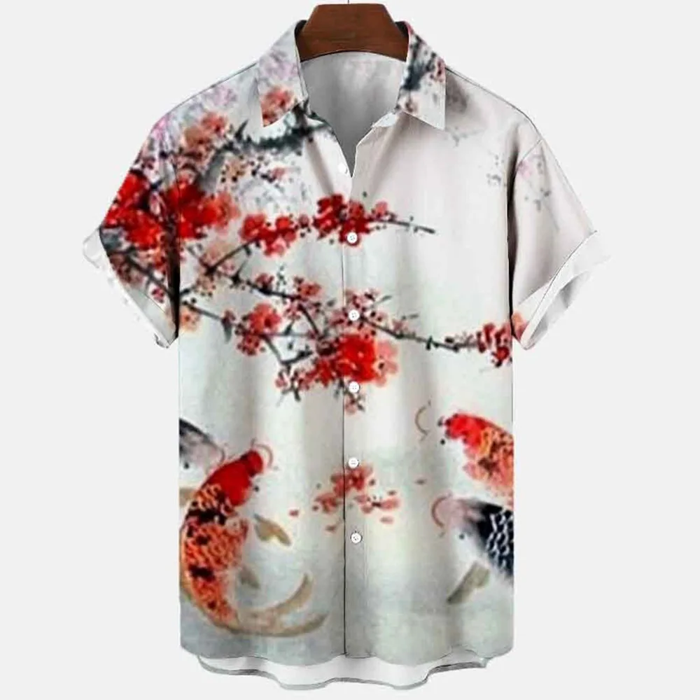 Japanese Flower Bird Print Fashion Men\'s Shirt Hawaiian Blouse Casual Loose Breathable Short Sleeve Outdoor Street Men\'s Clothes