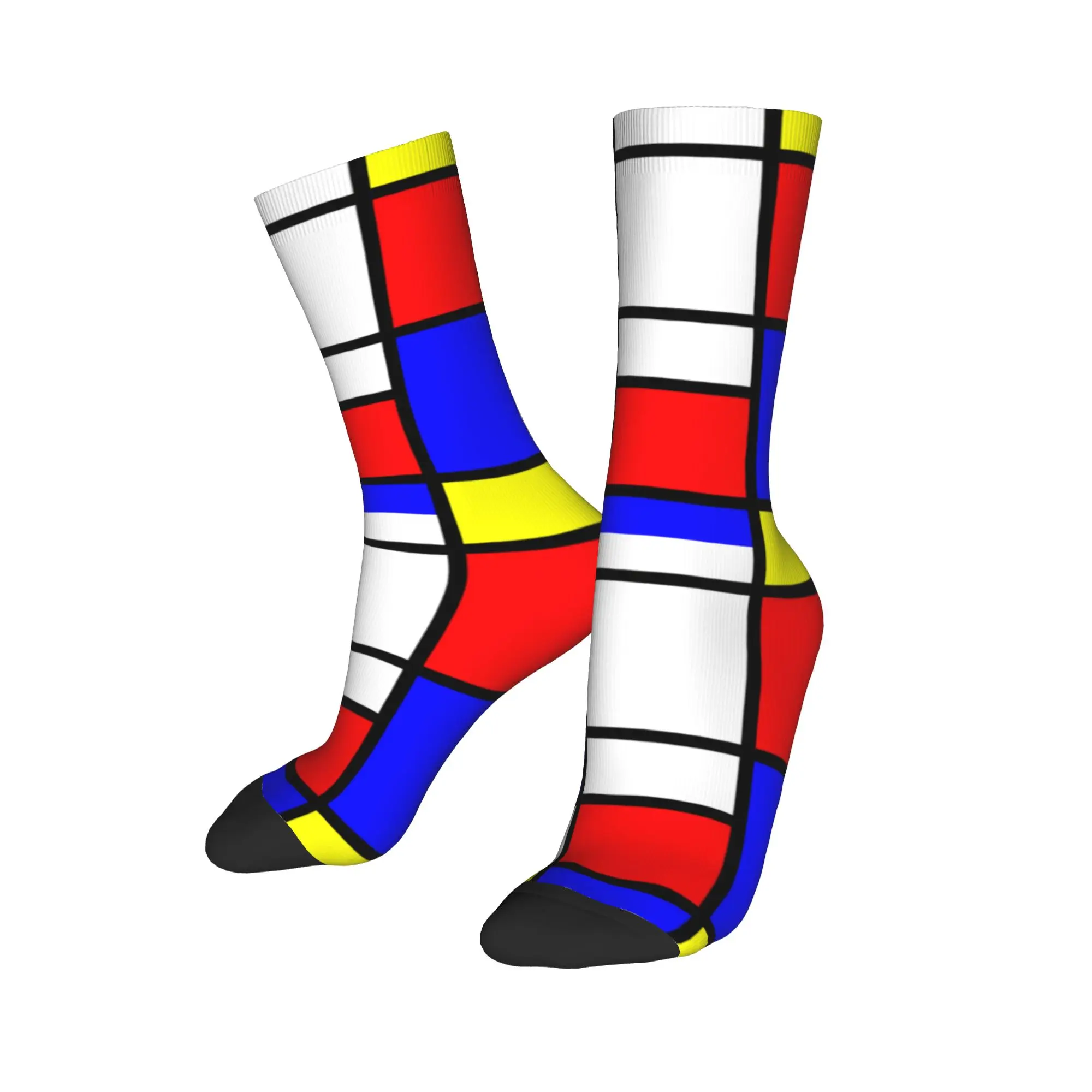 Custom Geometric Modern Mondrian Dress Socks for Men Women Warm Fashion Color Art Plaid Crew Socks view 3