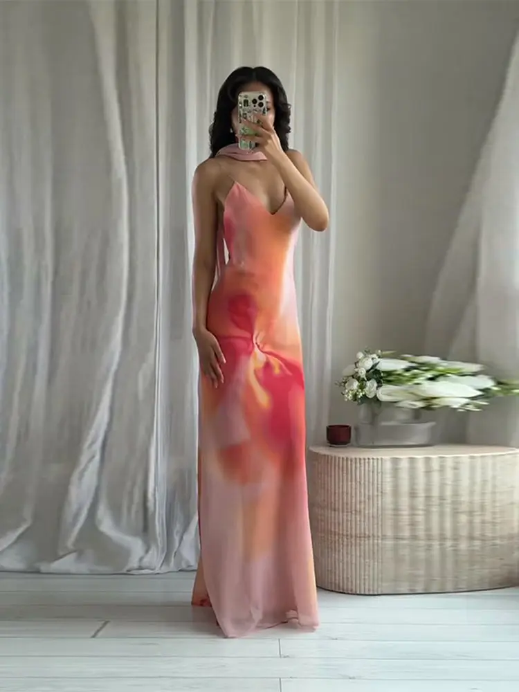 Sexy Tie Dye Stampato Abito Lungo Sciarpa Delle Donne Sottile Sling Con Scollo A V Scialle Senza Maniche Backless Abiti Lunghi 2025 Abiti Estivi Nuovo