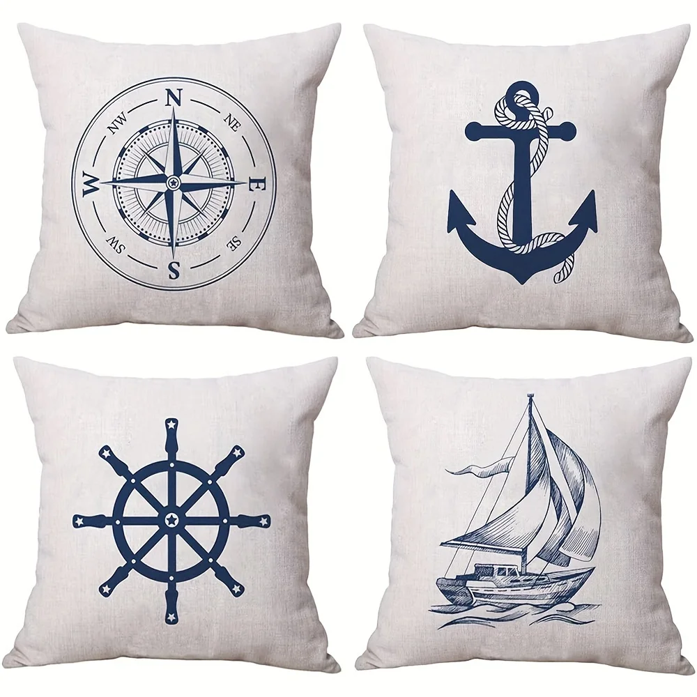 Set of 4 Nautical Theme Pillow Covers, Coastal Sailing Patterns with Compass, Anchor, Sailboat & Wheel