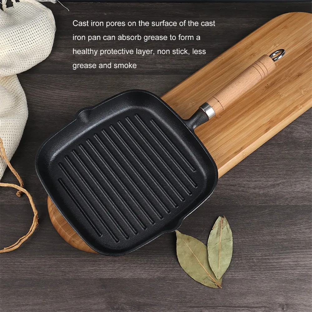 

Kitchen Cookware Cast Iron Grill Pan Wooden Handle Nonstick Steak Pan Thickened Square Steak Griddle Indoor & Outdoor