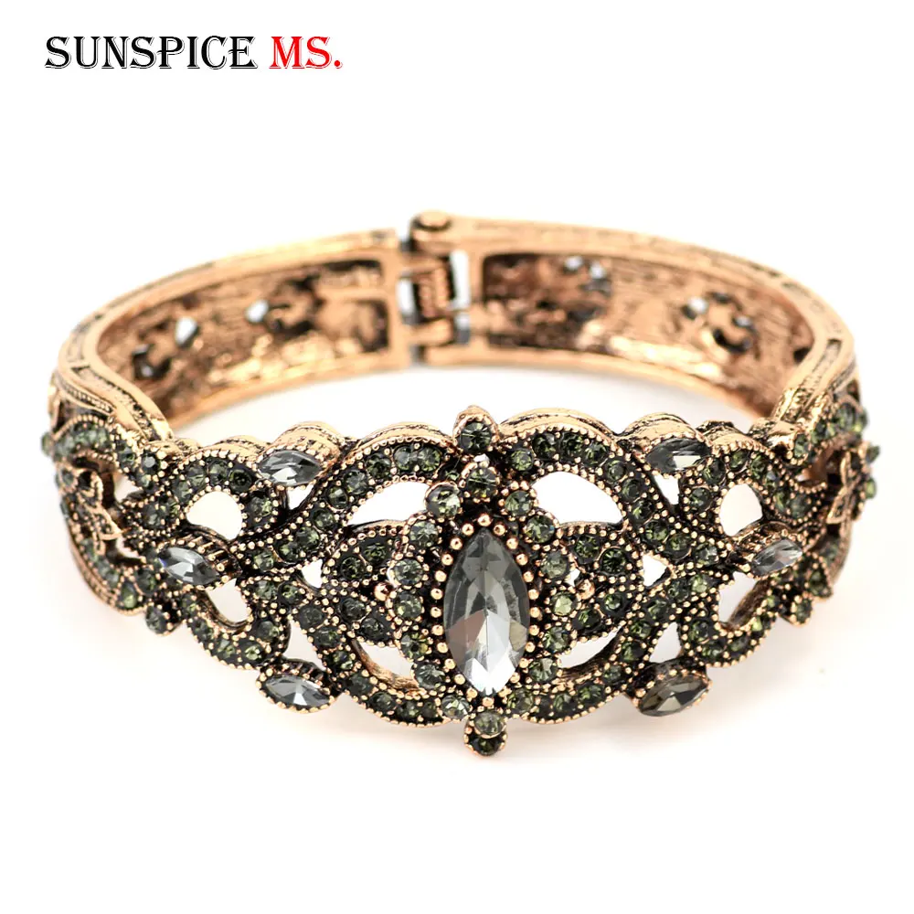 Sunspicems Vintage Turkish Grey Crystal Women Cuff Bracelet Bangle Ethnic Wedding Jewelry Antique Gold Color India Bridal Gift