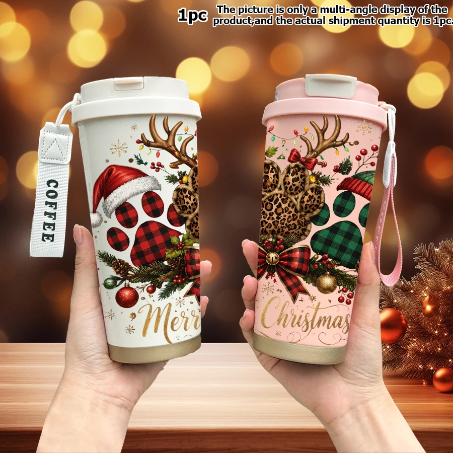 1pc 18oz stainless steel thermos bottle with straw, leak-proof cover and wrist strap Christmas Leopard print design.