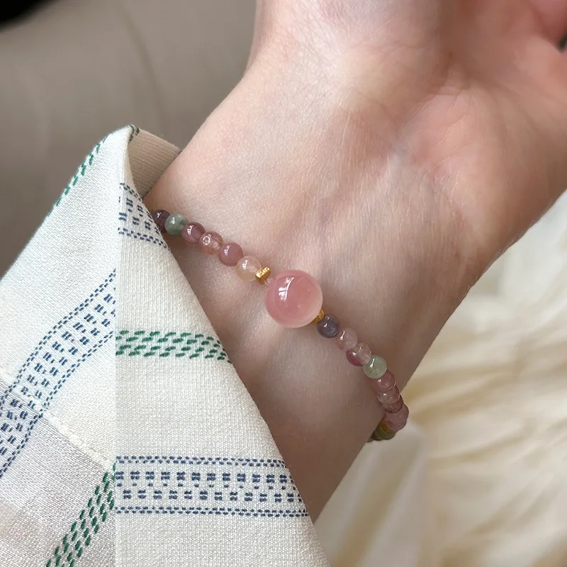 Light Luxury Jewelry Pink Natural Tourmaline Bracelet 925 Sterling Silver Women's Bouncing Rope Hand String Chinese Elegant Ins