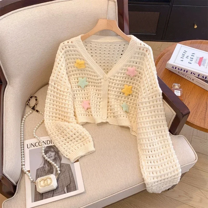 

Cropped Cardigan Women Clothing Hollow Out Long Sleeve Sweet Sueter Mujer Casual Fashion Knitting Sweater Tops Korean Pull Femme