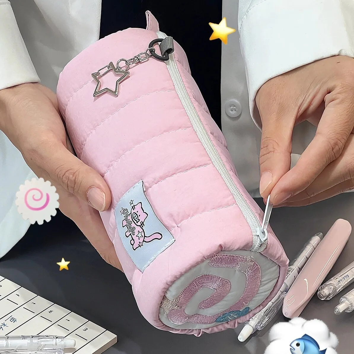 Imagem -04 - Estojo para Lápis Kawaii de Grande Capacidade para Meninas Bonito Bolsa de Papelaria Material Escolar Peixe Rosa Bolo Gato Ins Portátil Bolsa de Maquiagem Japonês