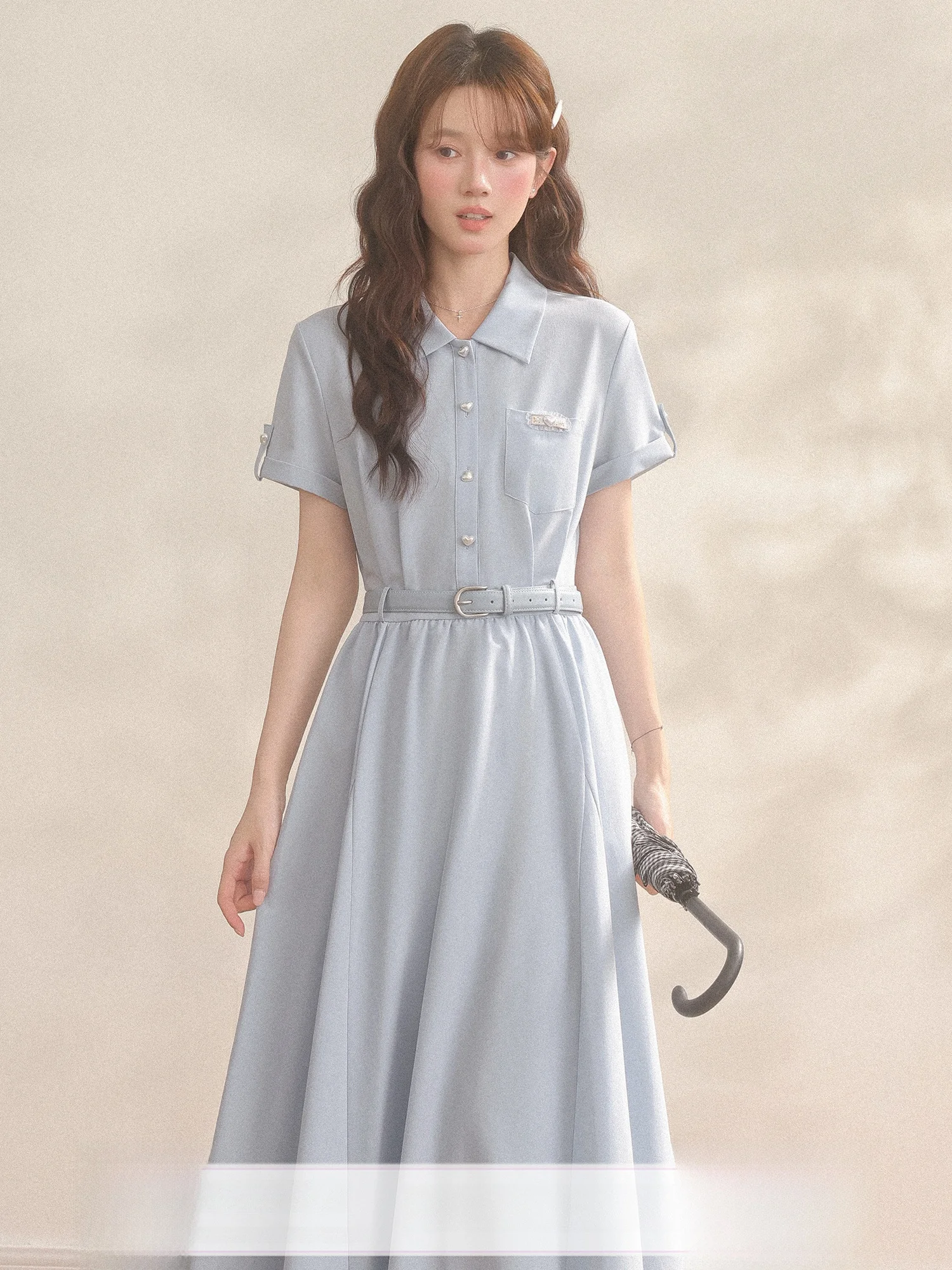 

Blue Shirt Dress Interview Style Commute Wind Gathered Waist Turn-down Collar Three-Inch Lotus Summer City Campus Daily Life