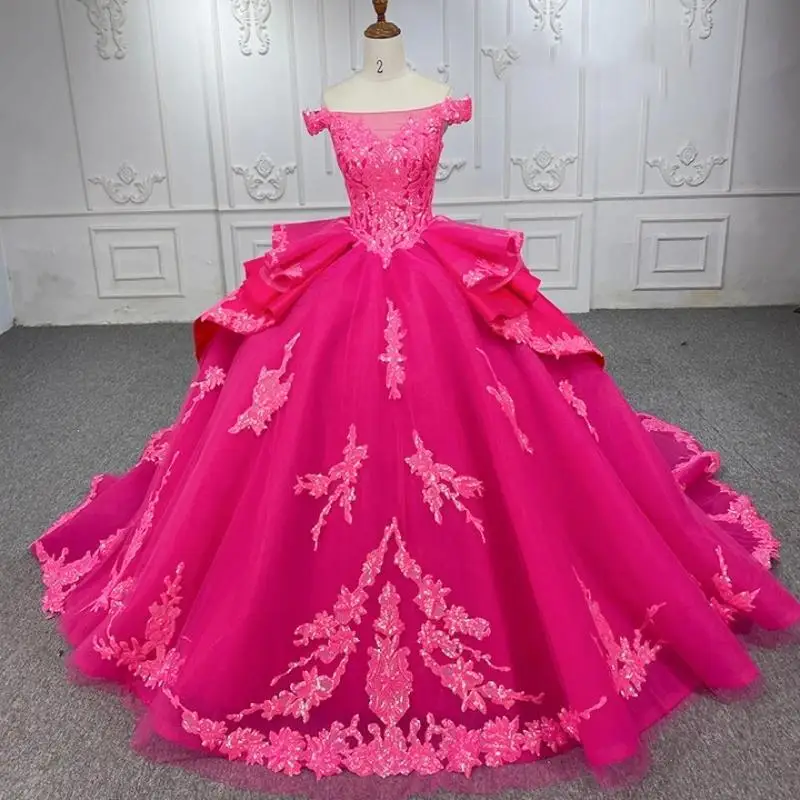 

Rose Red Shiny Quinceanera Dress Ball Gown Off The Shoulder Sequin Lace Applique Tull Corset Sweet 16 Vestidos De 15 Anos