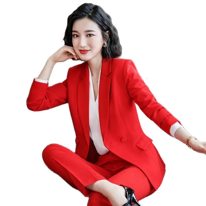 

Novelty Wine Formal Business Suits with Pants and Jackets Coat for Women Ladies Office Work Wear Autumn Winter Blazers Pantsuits