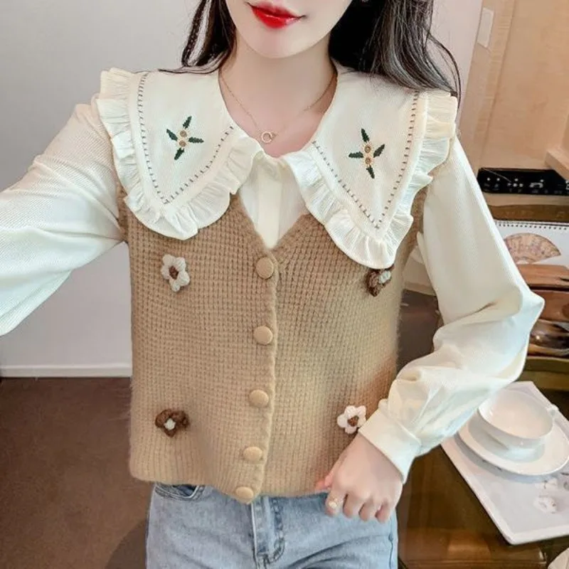 Women Vintage Fashion 3D Flower Cute Sweet Button Knitted Sweater Vest 2024 Spring Autumn V Neck Sleeveless Slim Chic Waistcoat