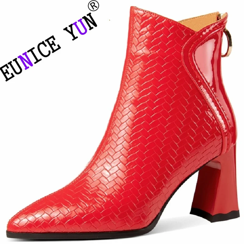 【EUNICE YUN】New Brand Genuine Leather High Heels Pointed Toe Autumn WInter Ankle Boots Dress Wedding Lady Shoes Size 33-46