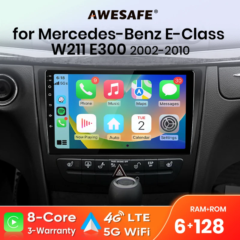 Autoradio sans fil AWESAFE CarPlay Android Auto pour Mercedes Benz Classe E W211 E300 2002-2010 Plug & Play FM BT DSP GPS Multimédia