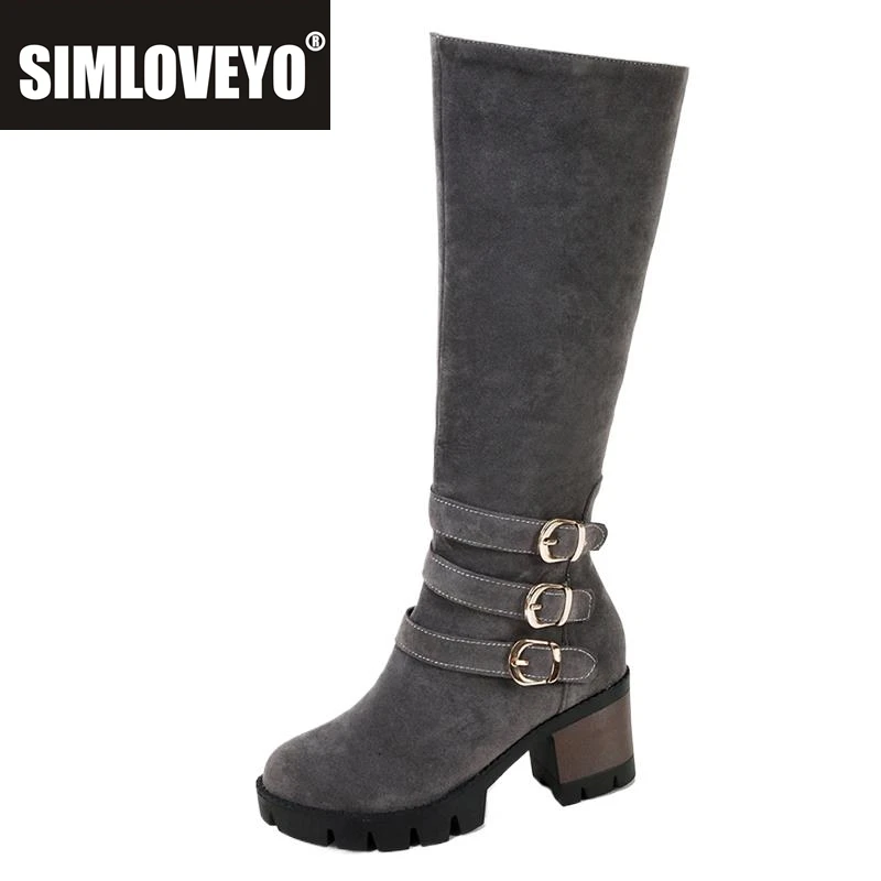 

SIMLOVEYO/женские сапоги до колена на толстом каблуке, модная обувь из флоковой кожи с круглым носком, качественная обувь A866
