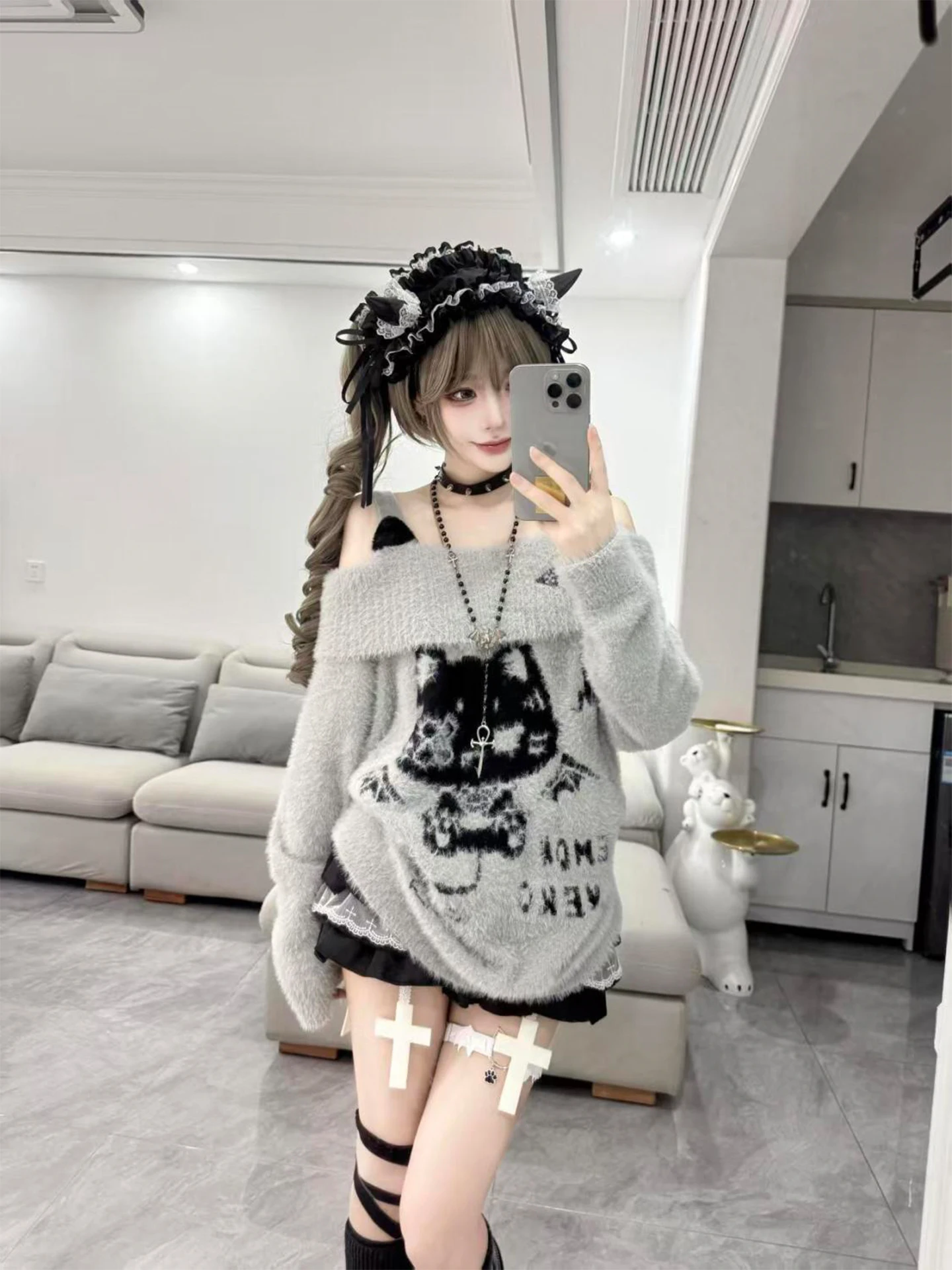 Shoulder Bared Knitted Sweater  Fur Devil  Design Women's Fashion Autumn Winter Loose Fit Long Sleeve Retro Style Top