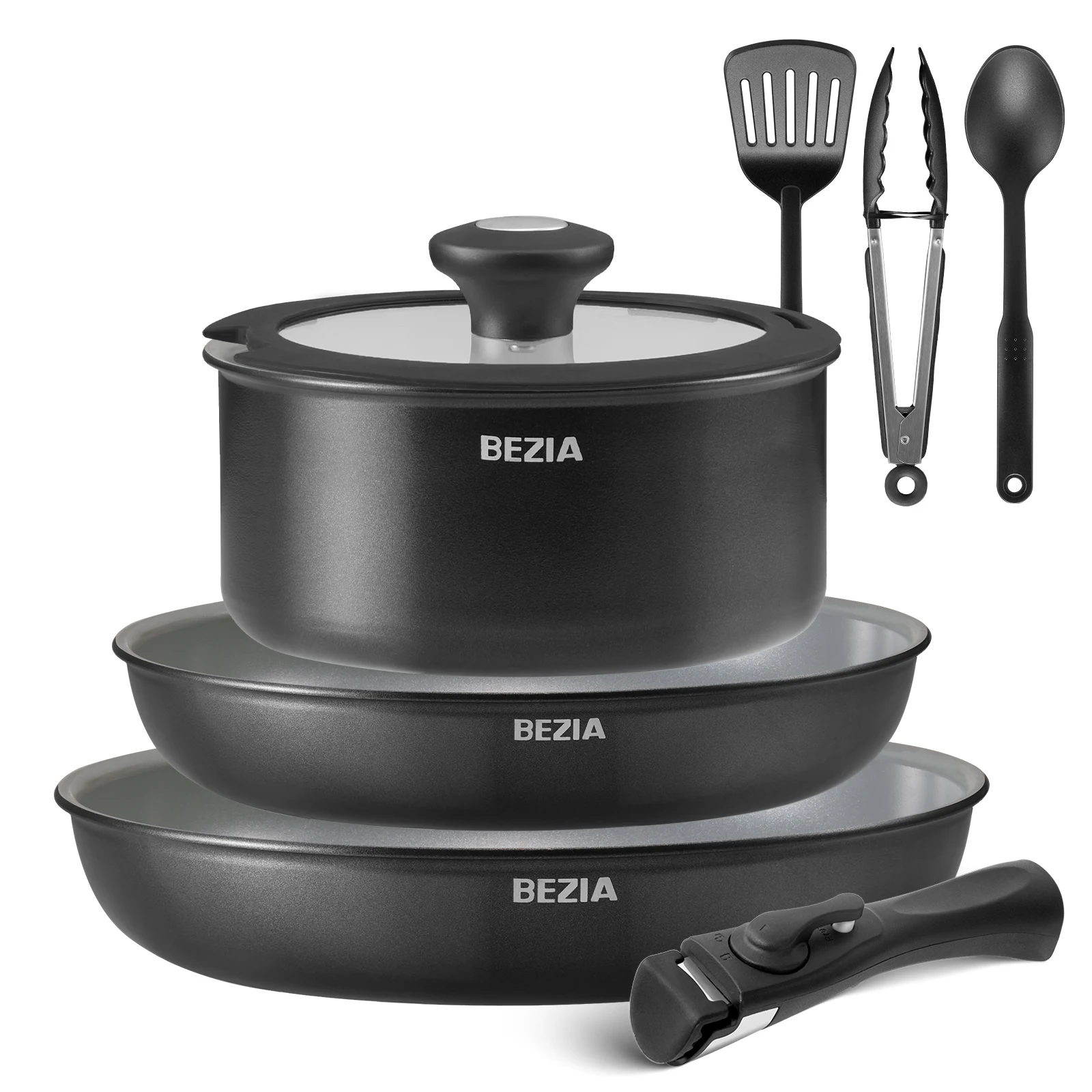 Image of Set di padelle con manico rimovibile, padelle con ceramica antiaderente, set di padelle a induzione con utensili da cucina, per tutti i tipi di stufe cod004