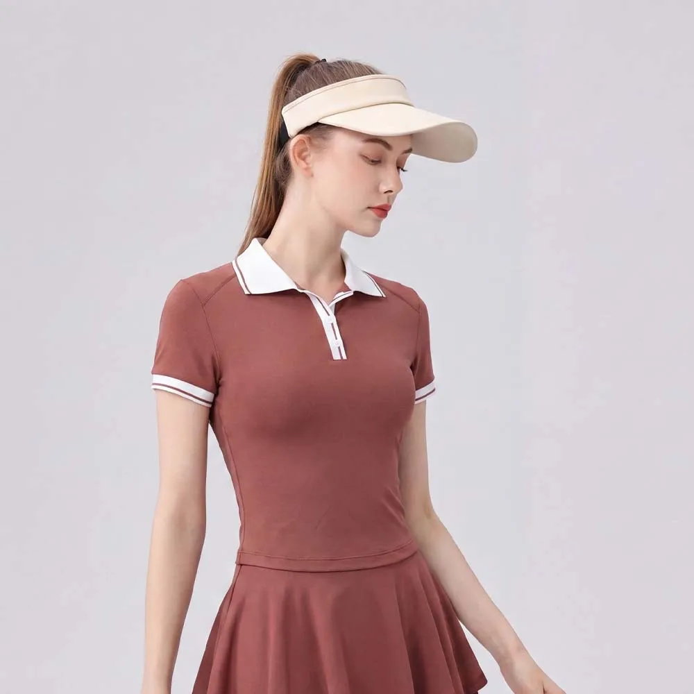 Fitness Suit Athletic Contrast Trim Crop Top Flared Pleated Shorts Stretchy Comfortable Yoga Outdoor Sports Wear Pockets