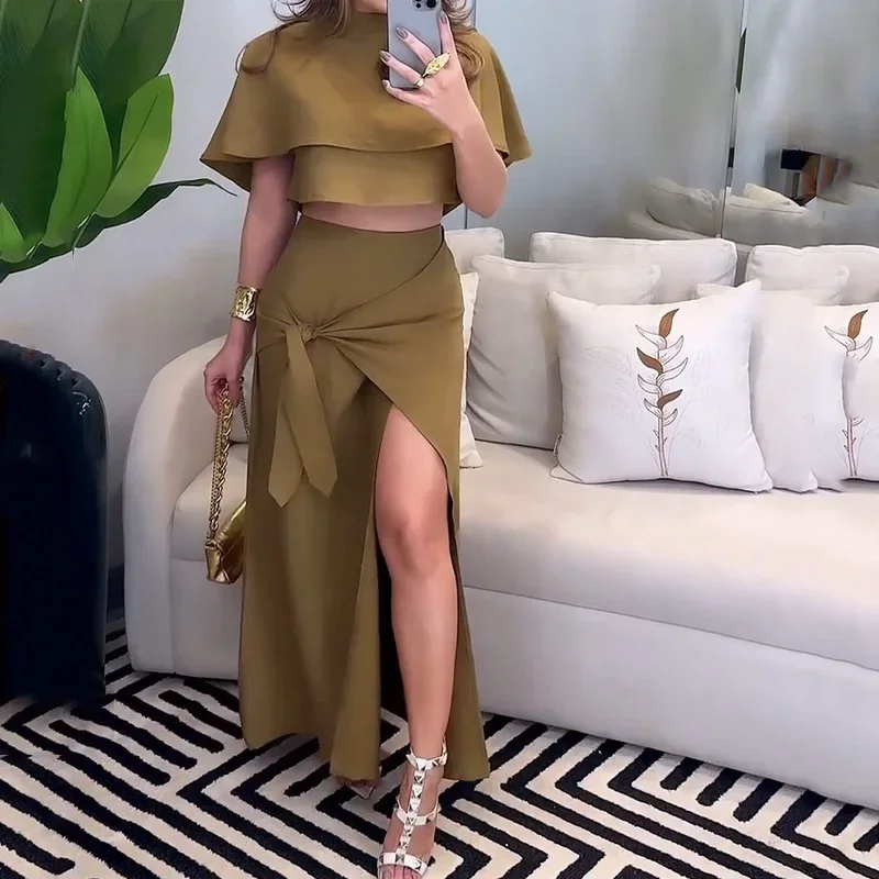 Casual Two-piece Women's O-collar Short-sleeved Pullover Split Irregular Skirt Solid Color Summer Two-piece Set
