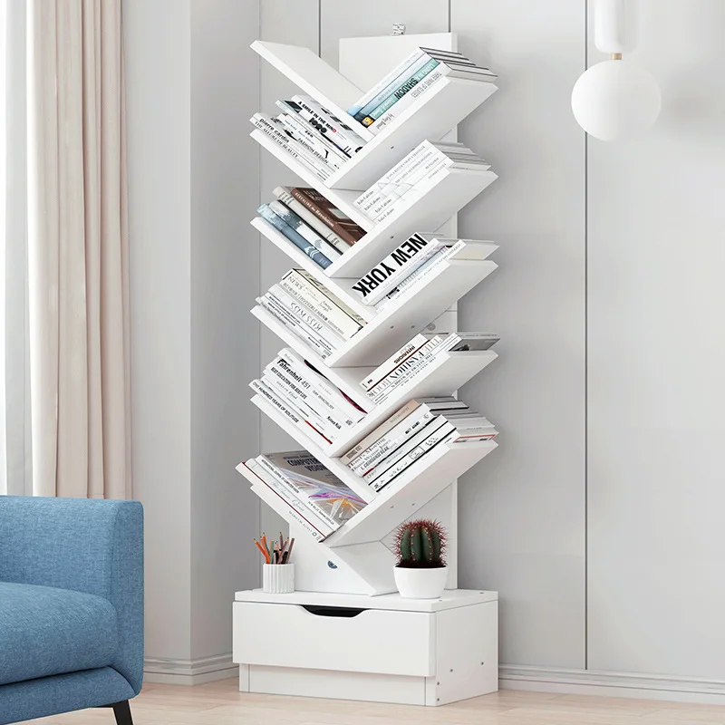 Simple Bookshelf Wooden Tree Bookcase Living Room Sundries Storage Holder Llattice Cabinet Home Decor Display Stand Book Shelf