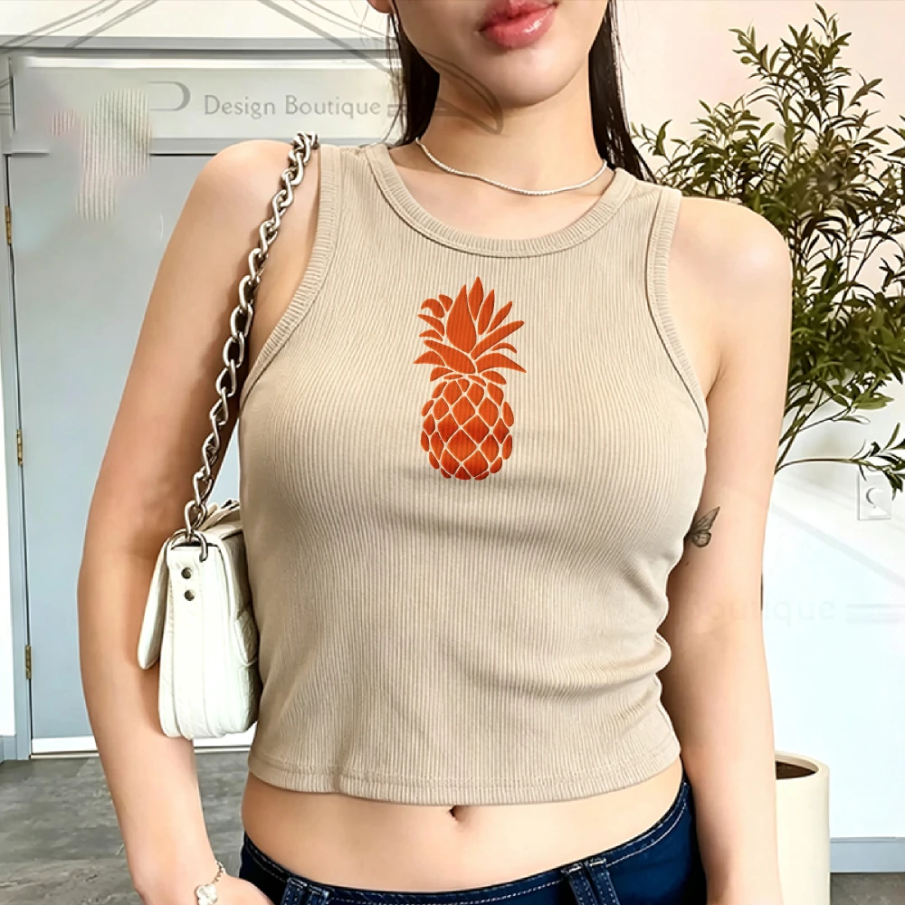 Orange Pineapple Women Soft Ribbed Y2K Crop Tank Minimal Pineapple Print Sleeveless Top for Beach Daily Casual Crop Top view 5