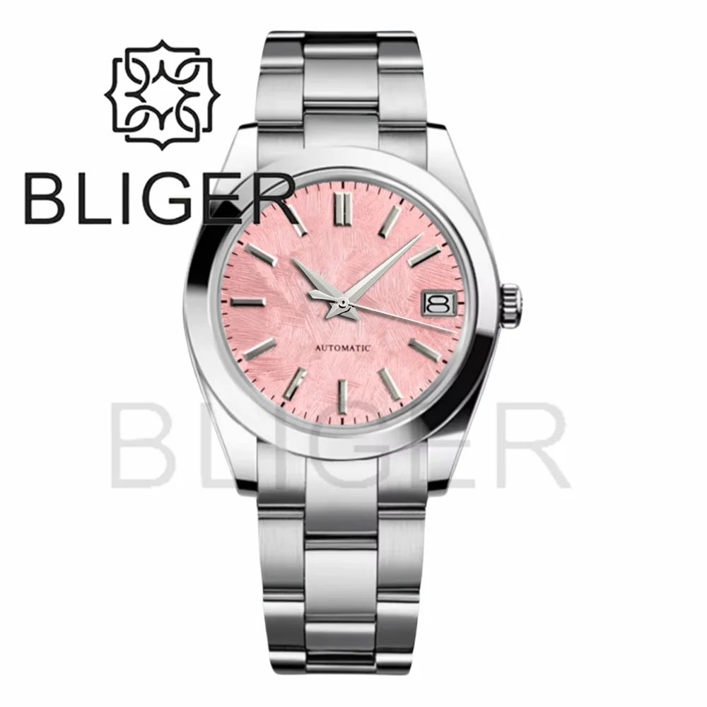 BLIGER 36mm39mm Custom logo Green Dial Watch Sakura Pink Ice Blue Texture Dial Sapphire Glass Waterproof NH35 Automatic Movement view 3