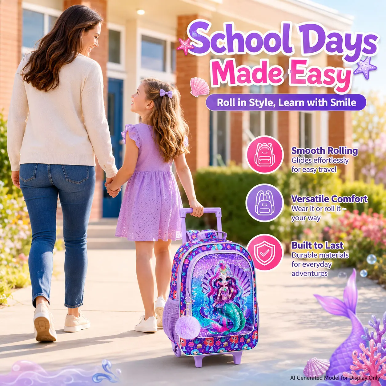 3Pcs Girls Mermaid Rolling Backpack Set Reversible Sequin Trolley School Bag with Handbag Pencil Case for Kids School Travel