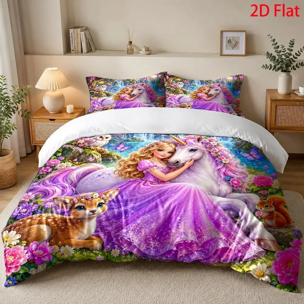 3Pcs Dreamy Unicorn and Princess Duvet Cover Set with 1Pc Duvet Cover and 2Pcs Pillowcases Bedding Accessories Quilt Cover