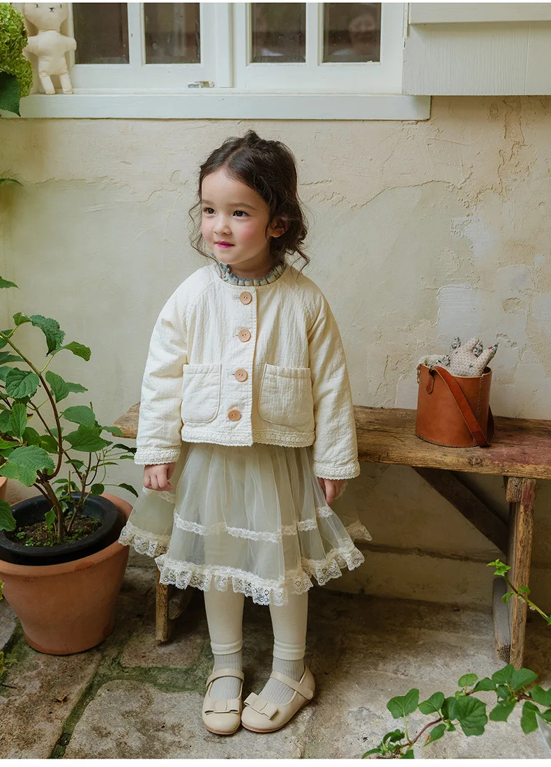 Kids Coat 2024 Autumn Korean Children Toddler Baby Girls Lace Edge Solid Color Shoulder Sleeve Short Coat