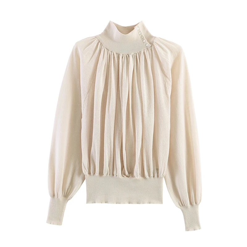 

YENKYE Women's High Neck Long Sleeve Patchwork Knit Ruched Flowy Blouse Casual Work Office Top