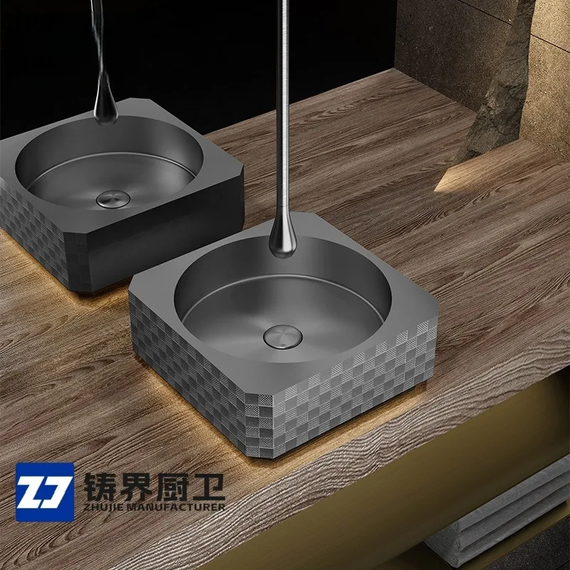 HT Stainless Steel Wash Basin Creative Mosaic Square Outer Round Inner Countertop Basin Bathroom Sink