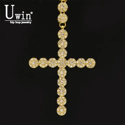 Uwin Gold Color Cross Jesus Head Pendant Iced Out Rosary Flower Necklace Link Bling AAA Rhinestone Mens Hip hop Necklace Chain 