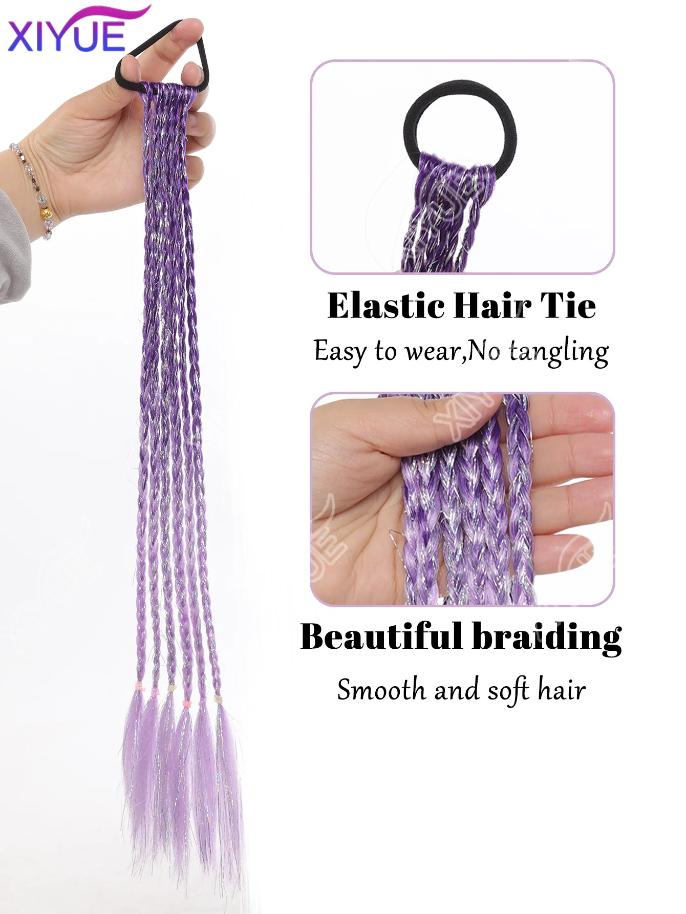XIYUE Girls Synthetic Purple Ombre Braids Hair Extensions Rubber Bands,Dark&Light Purple Golden Silver Line Gradient Ponytail