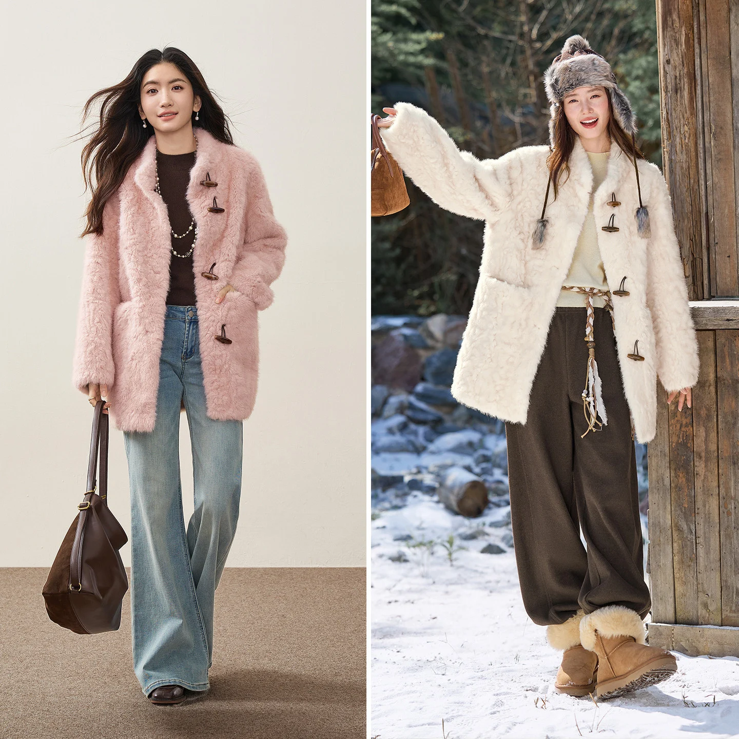 SENTUBILA Women's Winter Jacket Faux Fur Plush 2026 New Stand Collar Color Block Horn Button Warm Commuter Outerwear W64PD7708