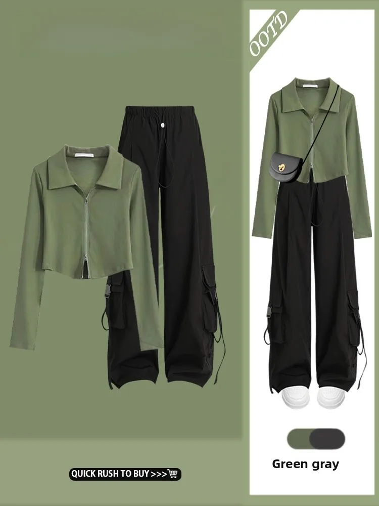 

American Retro 2026 Spring Autumn Spicy Pure Desire Zipper Collar Loose Bottom Shirt Street Style Loose Workwear Pants