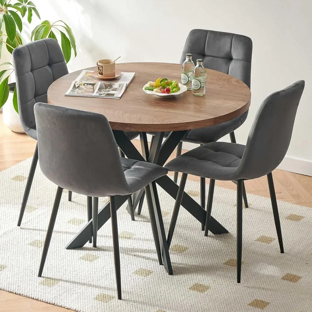 

Round Kitchen Table and Chairs Set for 4, Round Dining Table MDF Faux Wood Tabletop, Grey Velvet Dining Chairs Upholstered