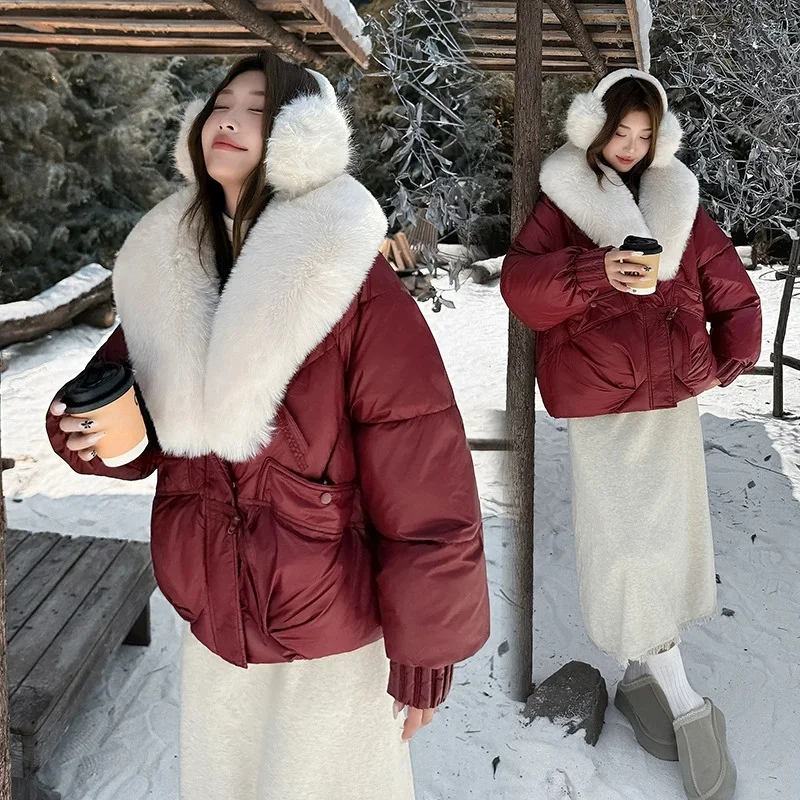 Winter Women Down Cotton Coat Street Imitation Fur Collar Hooded Short Cotton Padded Jacket Female Basic Snow Warm Overcoat 2025