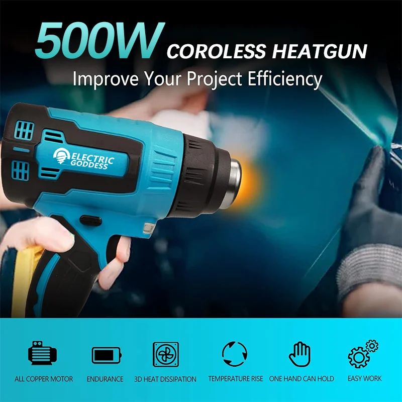 2000W Cordless Electric Heat Gun 600 Temperature Handheld Hot Air Gun With 3 Nozzles Industrial For Makita 18V Battery