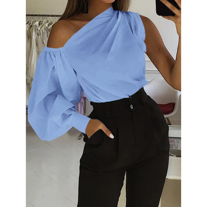 Celmia Asymmetrical Blouse Women 2023 Summer Off Shoulder Blusas Elegant Lantern Long Sleeve Shirt Fashion Ladies Party Tops