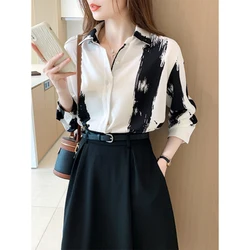 Women Spring Korean Loose Printing Office Lady Chiffon Polo-Neck Sleeveless All-match Shirts Ladies Fashion Appear Thin Tops