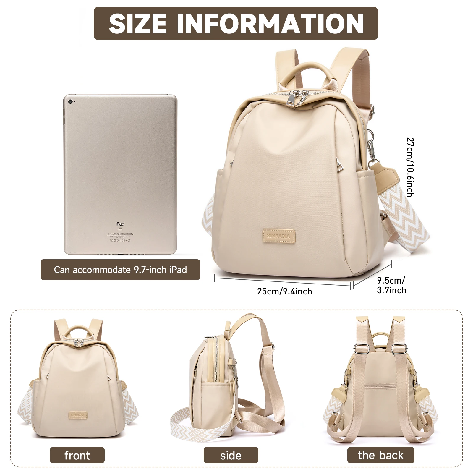 Casual Fashion Travel Backpack Waterproof Oxford Women Backpack Luxury Design With Anti-Theft Zipper Bag Fit 9.7-Inch IPad