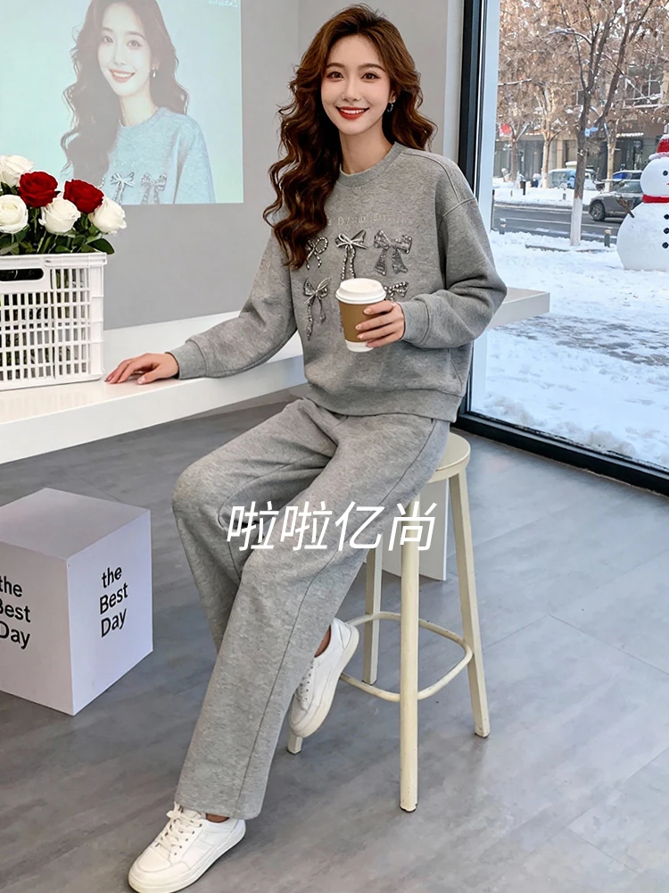 

Thickened Fleece Casual Sportswear Set Women's Spring New Style Youthful Grey Sweatshirt Wide Leg Pants Two Piece Set
