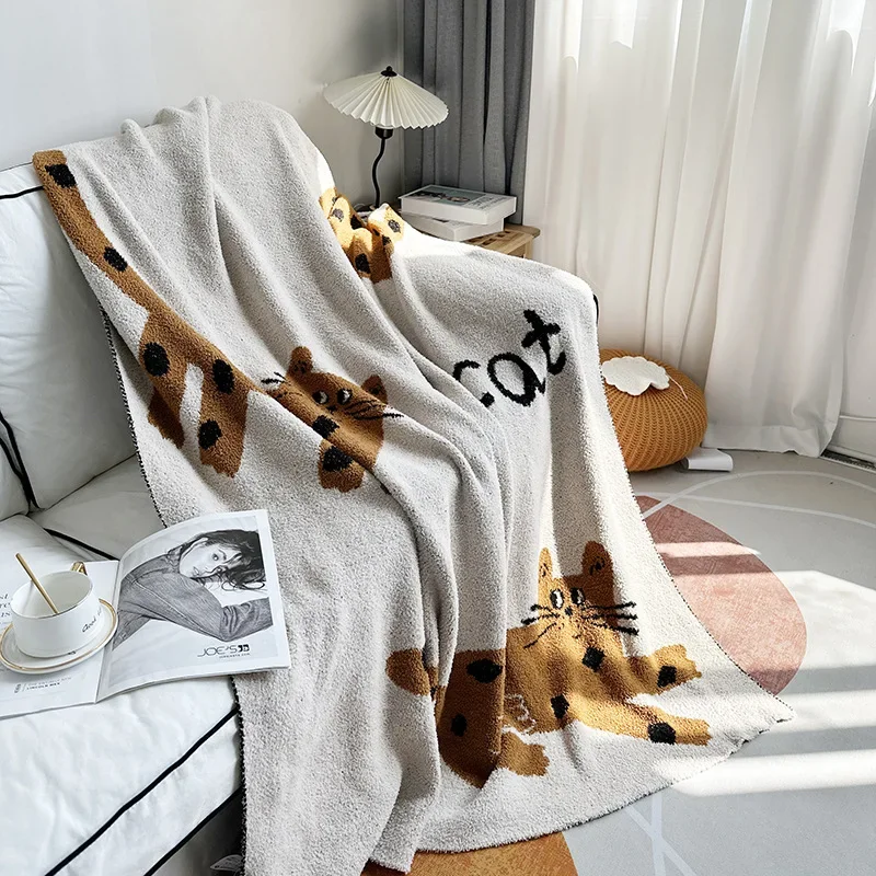 

Ins Cat Jacquard Knitted Blanket Chic Cozy Microfiber Downy Cute Room Decor Armchair Gamer Chair Sofa Bed TV Blankets
