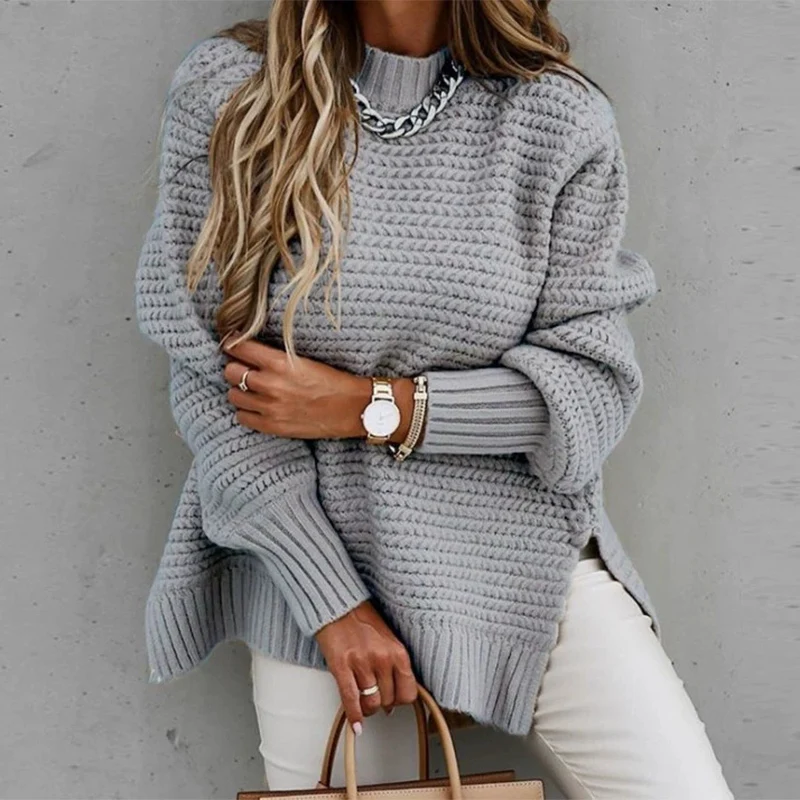 

American Side Slit Design O-Neck Sweaters Women Fashion Soft Comfortable Knitted Pullovers Mujer Y2K Streetwear Long Sleeve Tops