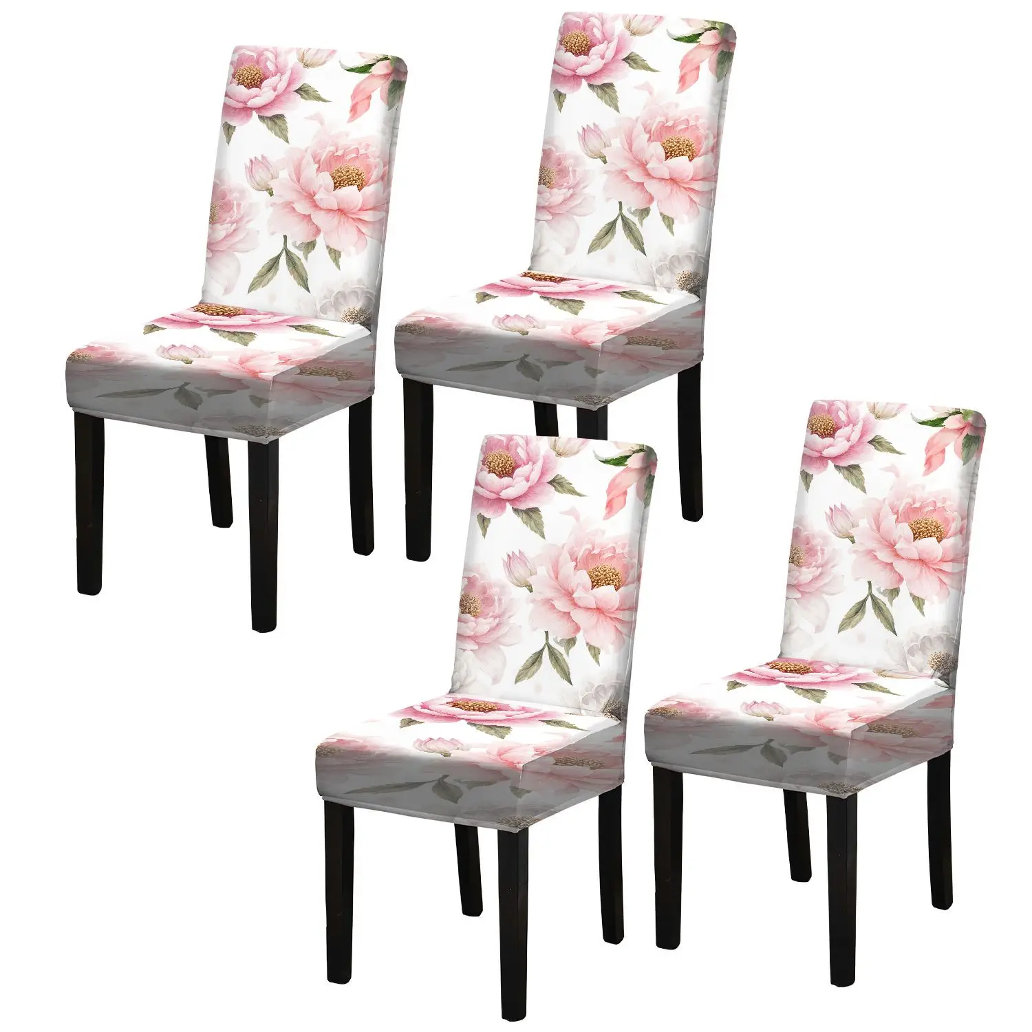 Elastic dining chair set watercolor style pink peony illustration pattern, suitable for restaurant kitchen hotel banquet