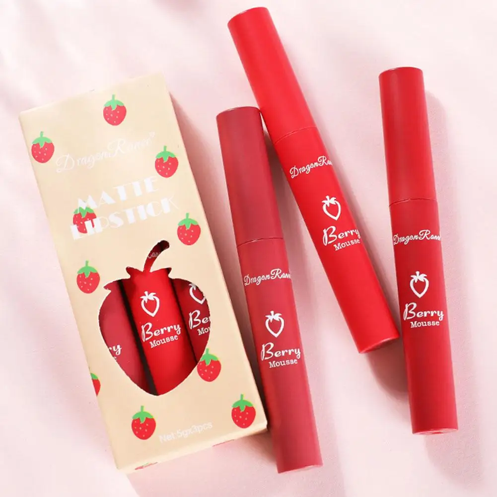 Set di lucidalabbra opaco in velluto 3 pezzi rossetto alla fragola rossetto impermeabile antitraccia trucco a lunga durata regali cosmetici per ragazza