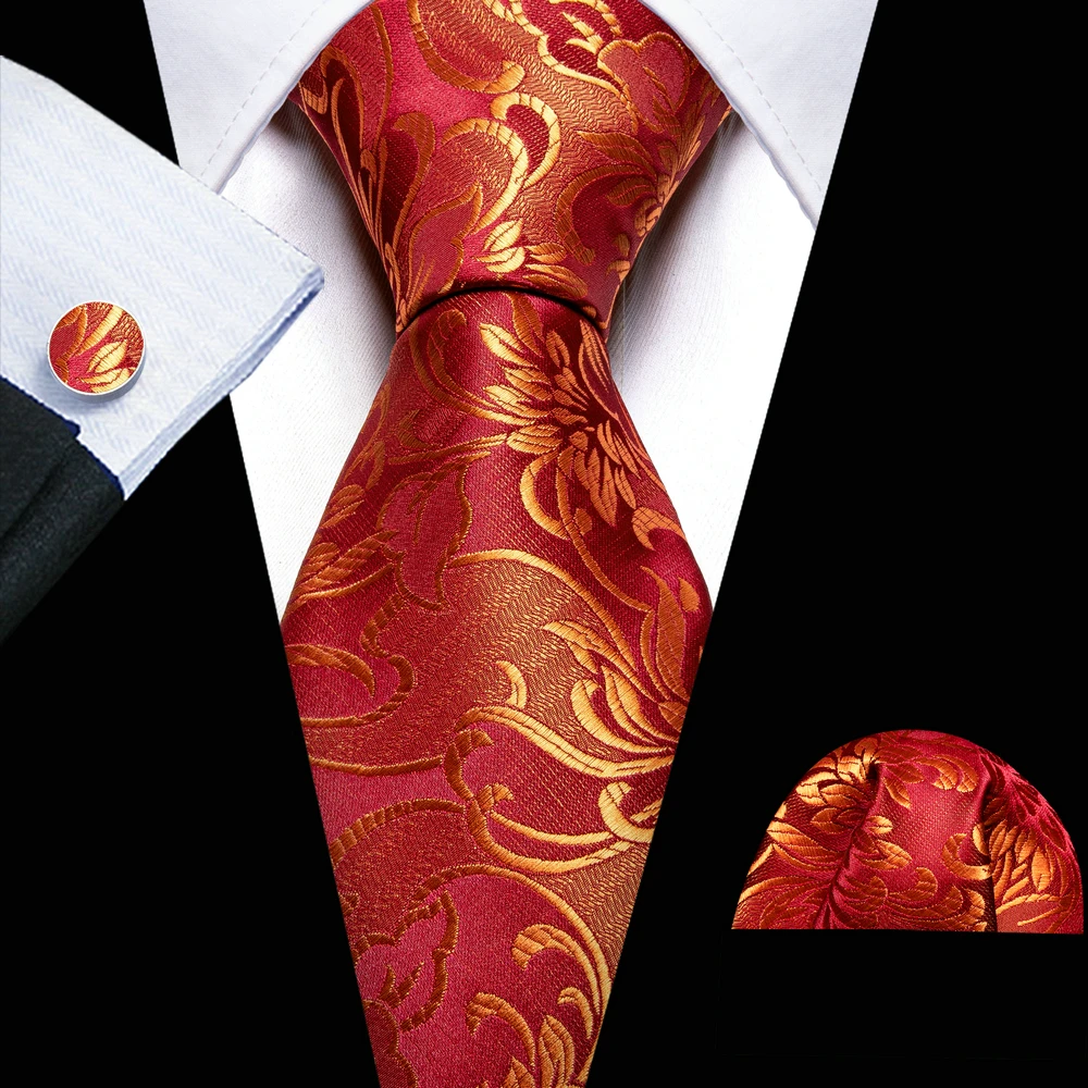 Desinger-Corbata de seda Floral para hombre, conjunto de gemelos cuadrados de bolsillo, regalo de boda, Busienss Barry, rojo y dorado Wang Dropship A-5988