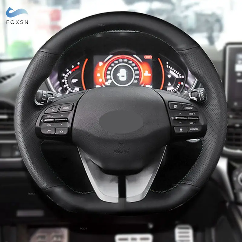 Black Perforated Leather For Hyundai Elantra Veloster 2019 i30 2017 2018 2019 Hand Sewing Car Interior Steering Wheel Cover Trim