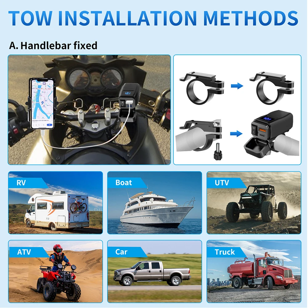 ZHIYU PD QC3.0 Waterproof Motorcycle Charger Dual USB Fast Charger With Switch Voltmeter Moto Parts view 6