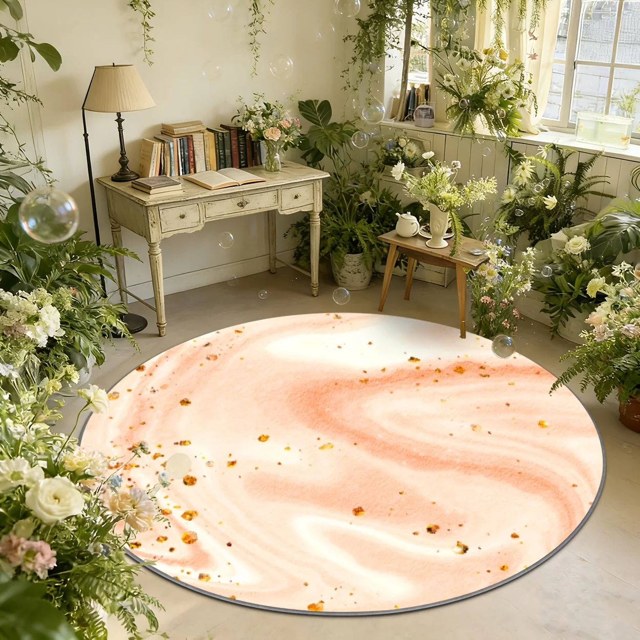 Abstract Pink Marble Vein Retro Style Round Welcome Mat For Boutique And Coffee House Entrance Door Decor