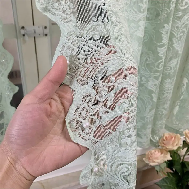 Rural Romantic Mint Green Short Curtain Lace Pearls Embroidered Sheer Tulle Curtain For Kitchen Cabinet Door Decorate Darpe