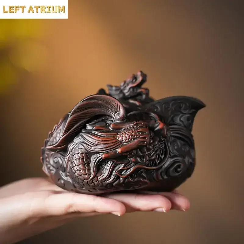 Chinese purple pottery handmade pile carving flying dragon hand grab pot travel tea set a pot twO cups kung fu tea set